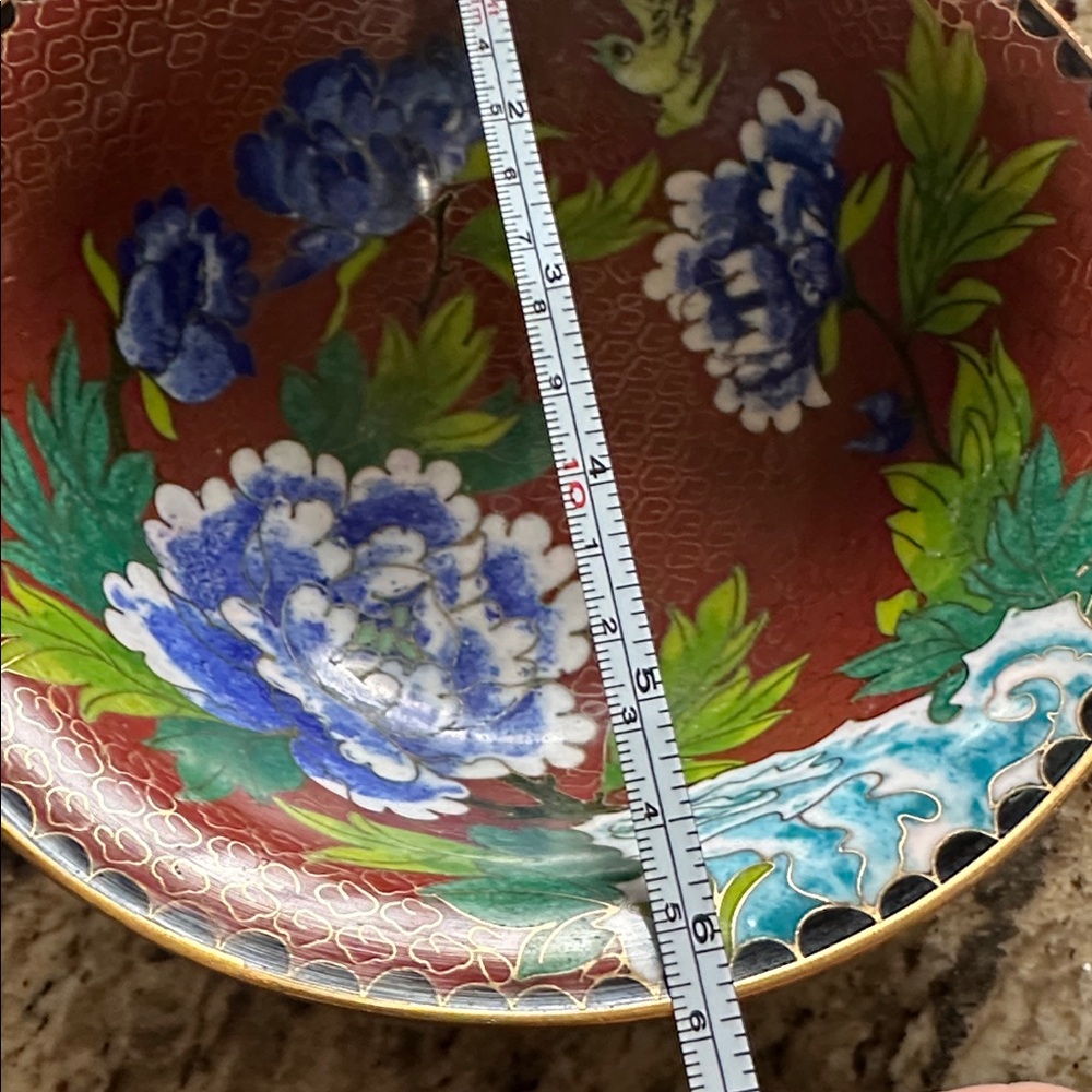 Floral Cloisonné Vintage Enamel Bowl with Blue and Green Floral - Picture 6 of 6